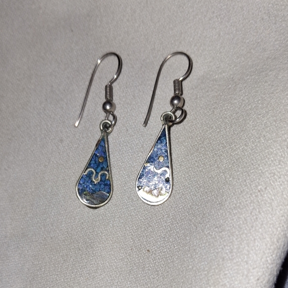 Vintage Mexico silver Teardrop Inlaid Turquoise hook earrings mexico Alpaca - Picture 6 of 8